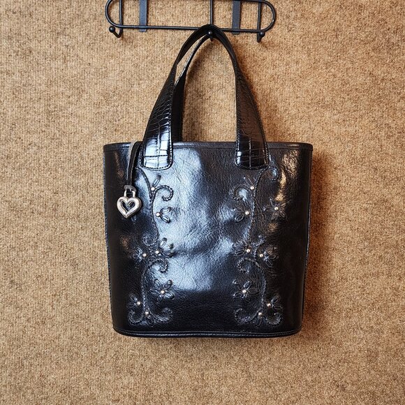 Vintage Brighton Embroidered Black Leather Bucket Tote Purse Handbag Floral - Picture 1 of 8